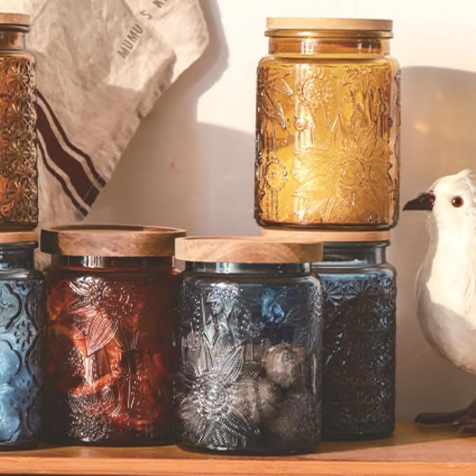 ANSQU 4-Pack Vintage Glass Canisters, 23.7 Fl oz Candy Jars with Lids, Vintage Colored Mason Jars for Kitchen Decorative Jar for Coffee Tea Candy Cookies, Cute Jars