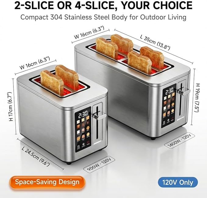 2026 Upgraded TAZTIR Touch Screen Toaster 2 Slice, Premium Stainless Steel Digital Bread Toaster with Timer, 1.5'' Wide Slot, 6 Shade Settings & 6 Bread Types, Bagel Defrost Reheat Cancel Functions