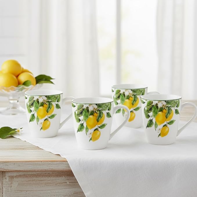 Lorren Home Trends Bone China Lemon Print Coffee Mug Set of 4, 12 Oz, Microwave and Dishwasher Safe (YELLOW)