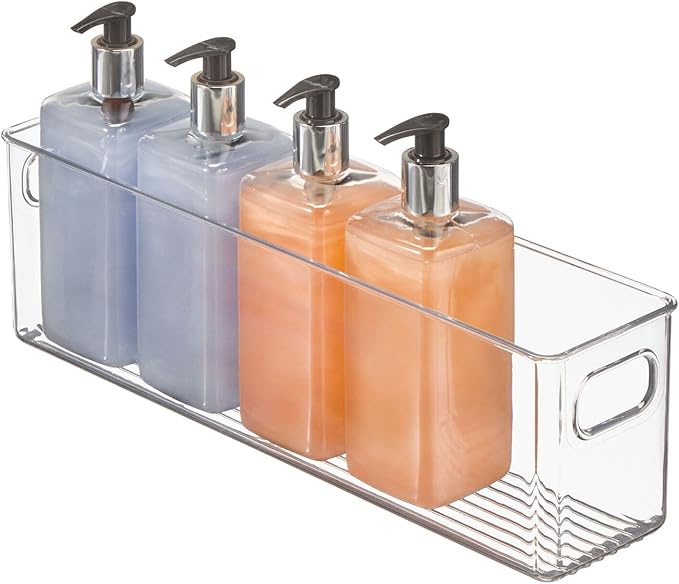 mDesign Plastic Bathroom Storage Container Bins w/ Handles - Closet, Cabinet, Vanity, Cupboard Shelf Organization, Hair Tools Accessory Organizer - Ligne Collection; Clear, 15.4x3.75x4.75 (Pack of 4)