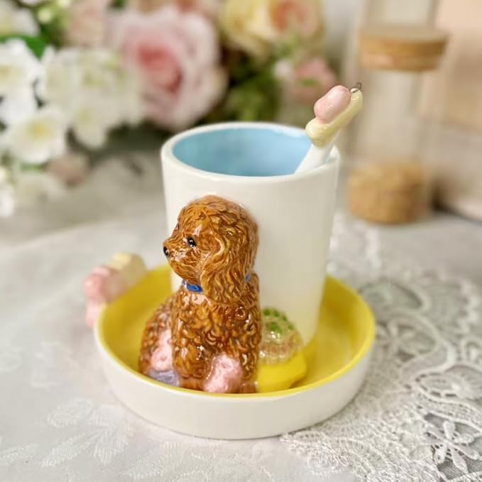 Ceramic Animal Coffee Mug Cup and Saucer Set，200ML(6.8OZ) 3D Hand-painted Tea Cup with Spoon (Reddish Brown)