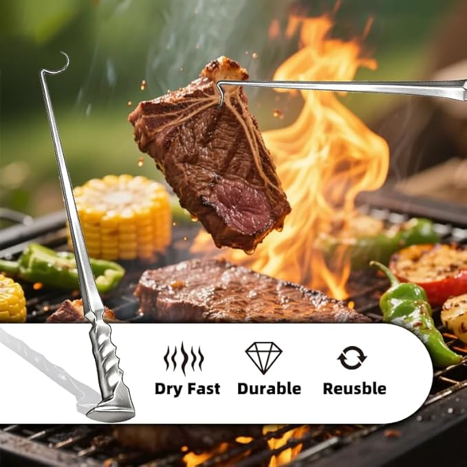 Stainless Steel Meat Hook Flipper, Steak Flipper Hook, Pig Tail Meat Flippers, BBQ Food Flippers, Steak Turner Hook, Meat Turner Hooks,Turning Vegetables and Meats (Right Hand B Stainless Steel)