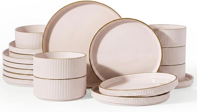 Famiware Star 18-Piece Stoneware Dinnerware Set for 6 – Pink, Ribbed Ceramic Plates and Bowls with Rim – Modern Rustic Dishes, Everyday & Formal – Chip & Scratch Resistant, Microwave & Dishwasher Safe