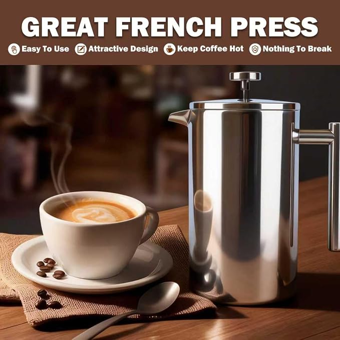 Extra Large French Press, French Press Coffee Maker 61 oz (1.8L), Insulated Stainless Steel French Press XXL Large Capacity Double Walled with Spoon for Espresso Coffee or Tea