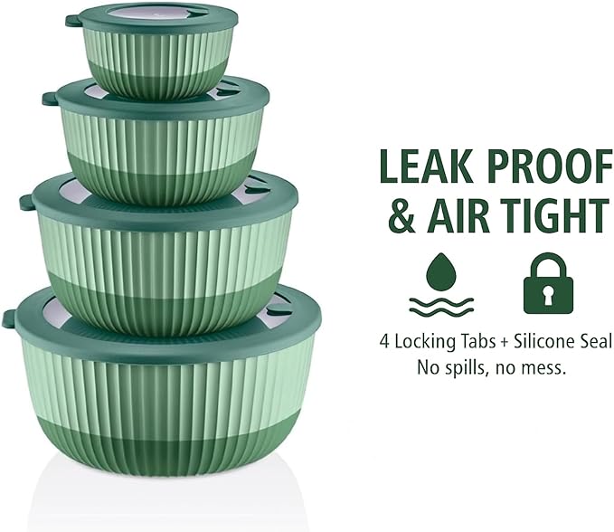 Mixing Bowls with Lids, 8-Piece Airtight Leak-Proof Nesting BPA-Free Prep Bowl Set for Kitchen & Food Storage, Large 4200ml Capacity, Microwave & Dishwasher Safe