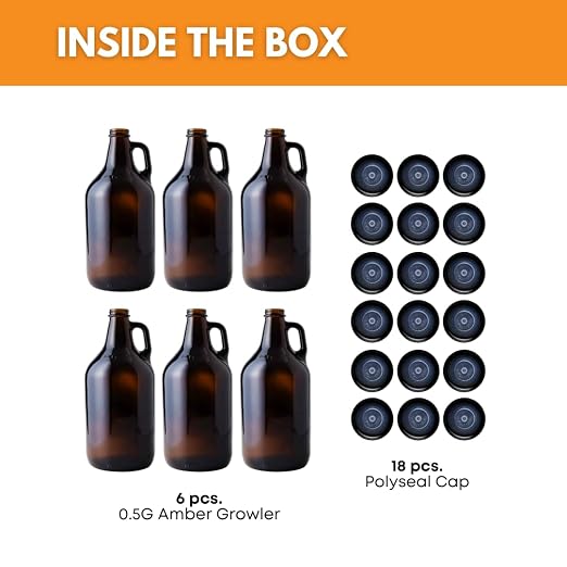 FastRack 64 oz Amber Glass Growlers (Pack of 6) | Half Gallon Beer Growler with 18 Poly Seal Caps | Reusable 1/2 Gallon Glass Jug for Homebrew, Kombucha, and Beverage Storage