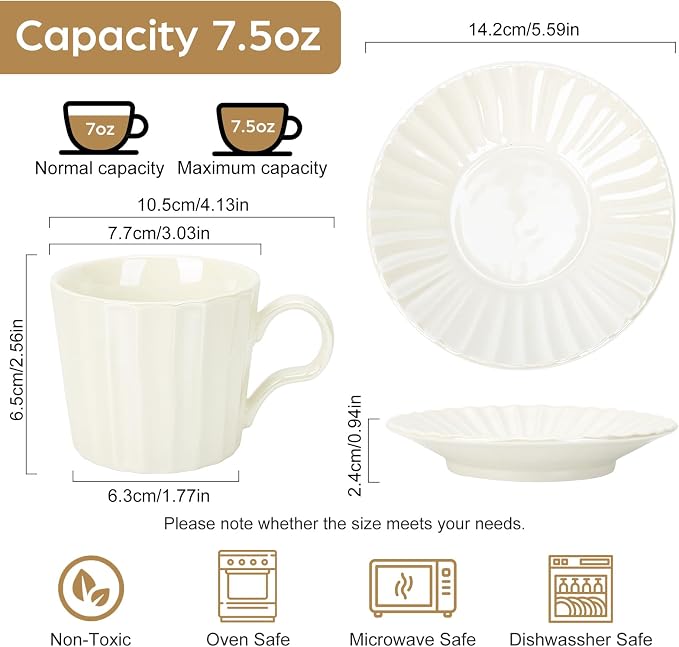 Ceramic Coffee Cup, 8 oz Cappuccino Cups with Saucers, Coffee Cup Set for 4, Pearl Glaze Coffee Cup and Saucer Set for Latte, Mocha, Tea, Café, Dishwasher and Microwave Safe (Pearl White / 200 ml)