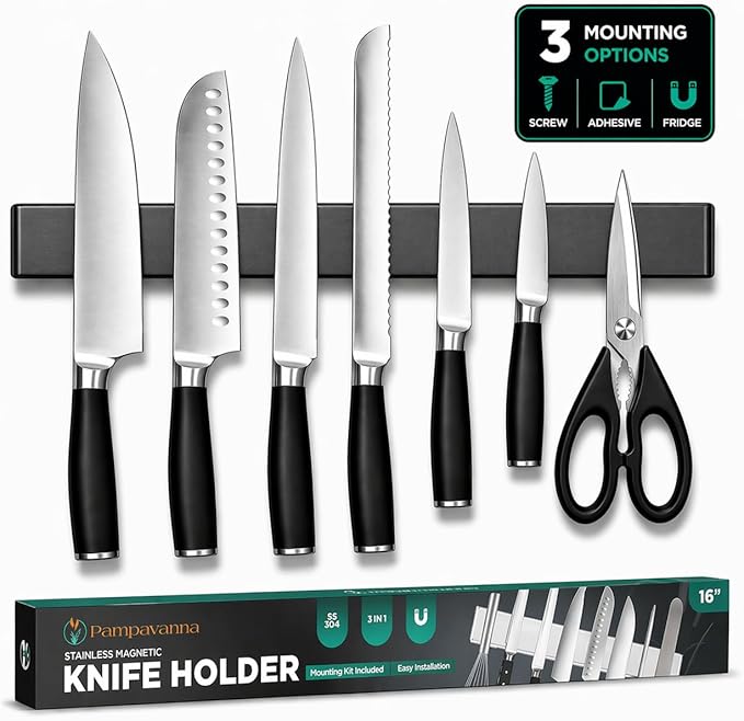 Magnetic Knife Holder 16 Inch Gunmetal – Exclusive Color Stainless Steel Strip, Rack & Bar for Wall or Fridge, No Drill Adhesive Kitchen Organizer, Premium Gift by Pampavanna