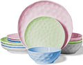 HOMBENE Plates and Bowls Sets, Dinnerware Set 12 Piece Service Porcelain Dinnerware for 4, for Dessert Salad and Pasta, Mixed Colors Dishes
