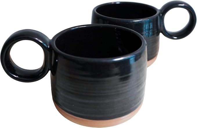 Bossa Stoneware Ceramic Cappuccino Cup 8oz Black Set of 2 | Handcrafted Specialty Coffee Mug with Glazed Glossy Finish, Raw Unglazed Base & Large Handle | Microwave & Dishwasher Safe