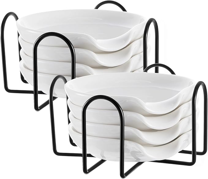 Bokon 8 Pack Ceramic Spoon Rest with Holder, Kitchen Utensil Rest for Stove Top, Dipping Sauce Dishes, Heat Resistant and Dishwasher Safe (White)