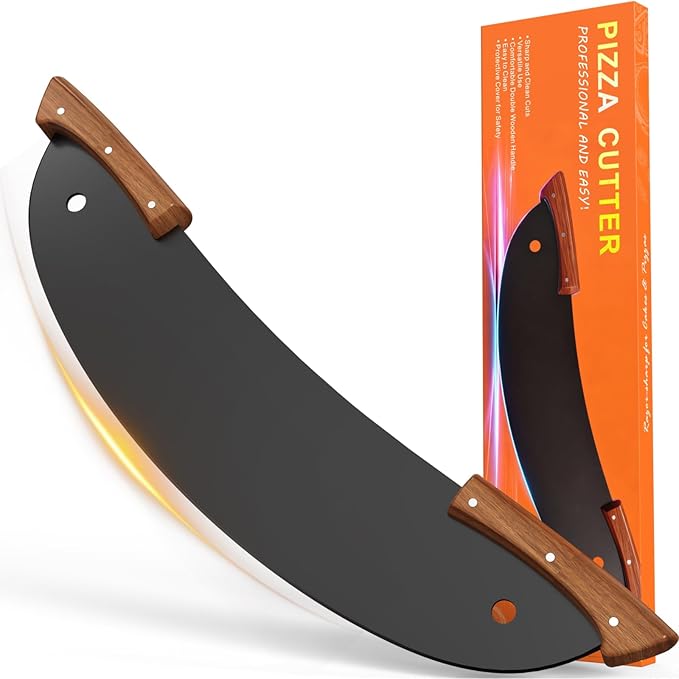 20-Inch Pizza Rocker Blade Cutter, Stainless Steel with Double Wooden Handles, Professional Pizza Slicer，Black