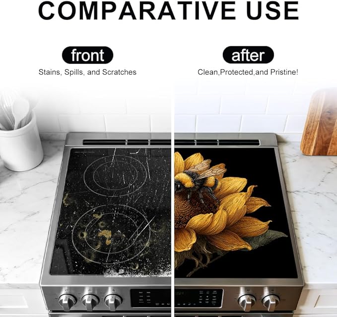 Stove Top Cover for Electric Stove 28.4 x 20.5 Inch Non Slip Stove Mat Oil Proof Sunflower Bee Glass Cooktop Protector Kitchen Counter Mat