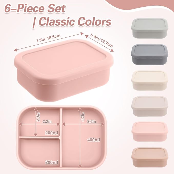 Honeydak 6 Pcs Silicone Bento Box for Adults, 3 Compartment Lunchable Food Container for Women Men, Leak Proof Microwave Dishwasher Freezer Safe (Light Colors)