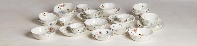 Lenox Pasta Bowls, 20oz Butterfly Meadow Pasta Bowl Set of 4, Service For 4, Porcelain, White Serving Bowls, Wide, Shallow, Lenox Butterfly Meadow Collection, Dishwasher/Microwave Safe (White 4-Piece)