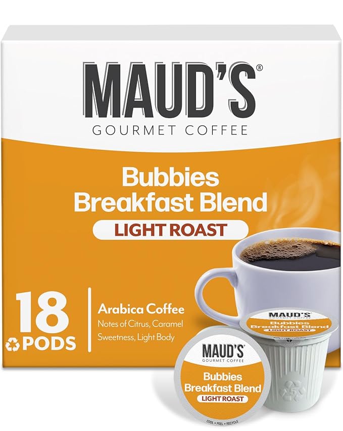 Maud's Breakfast Blend Coffee Pods, 18 ct, Light Roast Coffee in Single Serve Pods – 100% Arabica Beans, Compatible with Keurig K Cups Maker