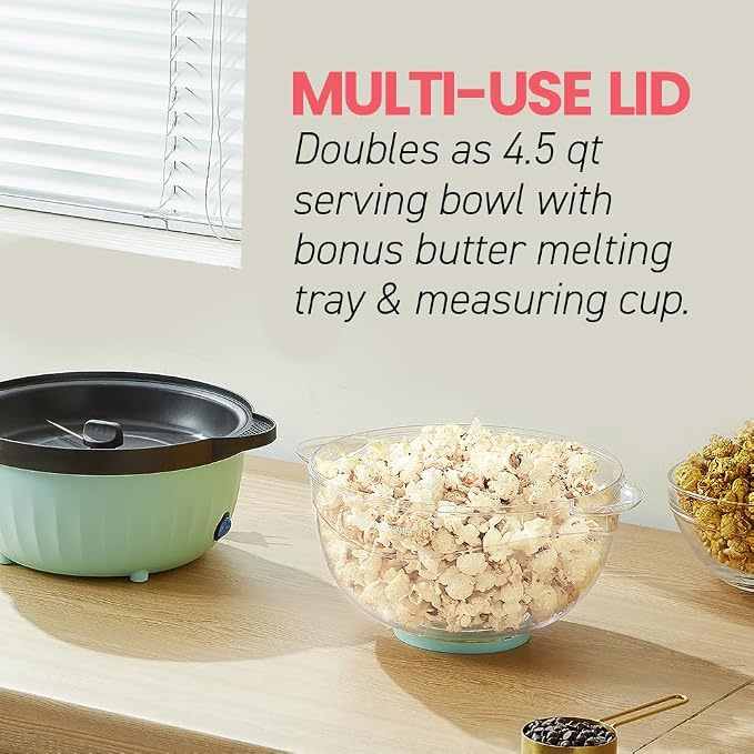 Elite Gourmet EPM145M 18-cup Hot Oil Stirring Popcorn Popper w/Measuring Cap & Reversible Serving Bowl & Butter Melting Tray, Great for Parties, Movie Night, Anytime Snack, Safety ETL Approved, Mint