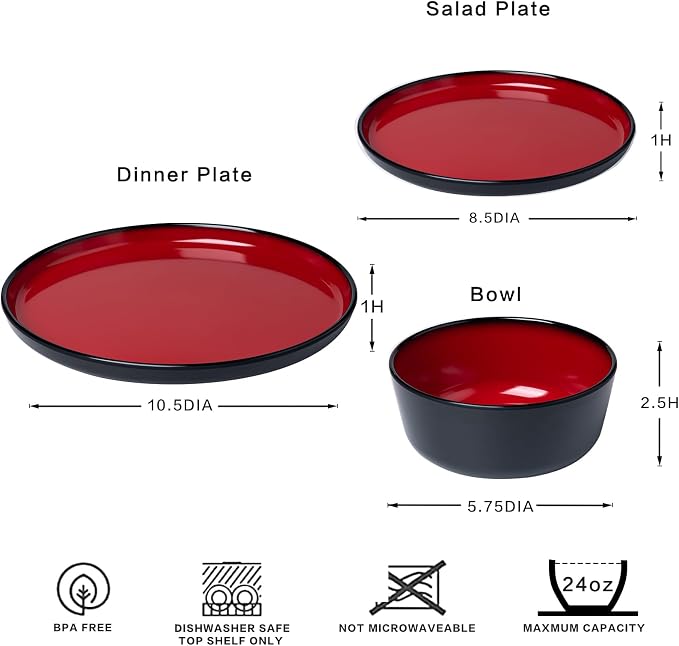 LEHAHA Melamine 12-Piece Modern Dinnerware Set, Kitchen Plates and Bowls Sets, Luxury 2 tone Red and Black Ceramic look Dish Set for 4.Christmas Luxury dinnerware dishes set.
