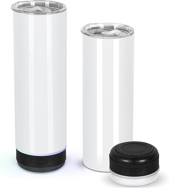 2 Pack 20 Oz Music Speaker Tumbler, Sublimation Music Tumbler Blanks, Double Wall Vacuum Insulated Coffee Mug with Detachable LED Light, Speaker Cup (Black)