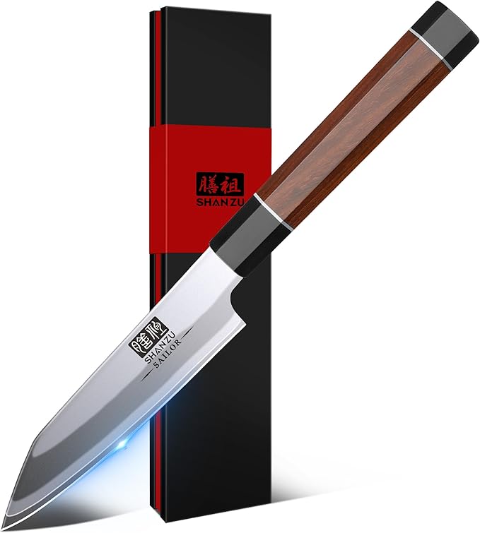 SHAN ZU 3.75 Inch Japanese Paring Knife, 9 Layers 10Cr15MoV High Carbon Steel Small Kitchen Knife, Ultra Sharp Fruit Sashimi Knife with Red Sandalwood Handle, Gifts for Women & Men