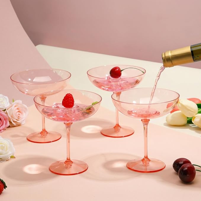 LemonRoad 24 Pcs Plastic Coupe Glasses 9 oz Disposable Martini Glasses for Cocktails, Champagne, Desserts and Espresso, Drinkware Set for Weddings, Birthday Parties, Home Bars (Champagne Powder)
