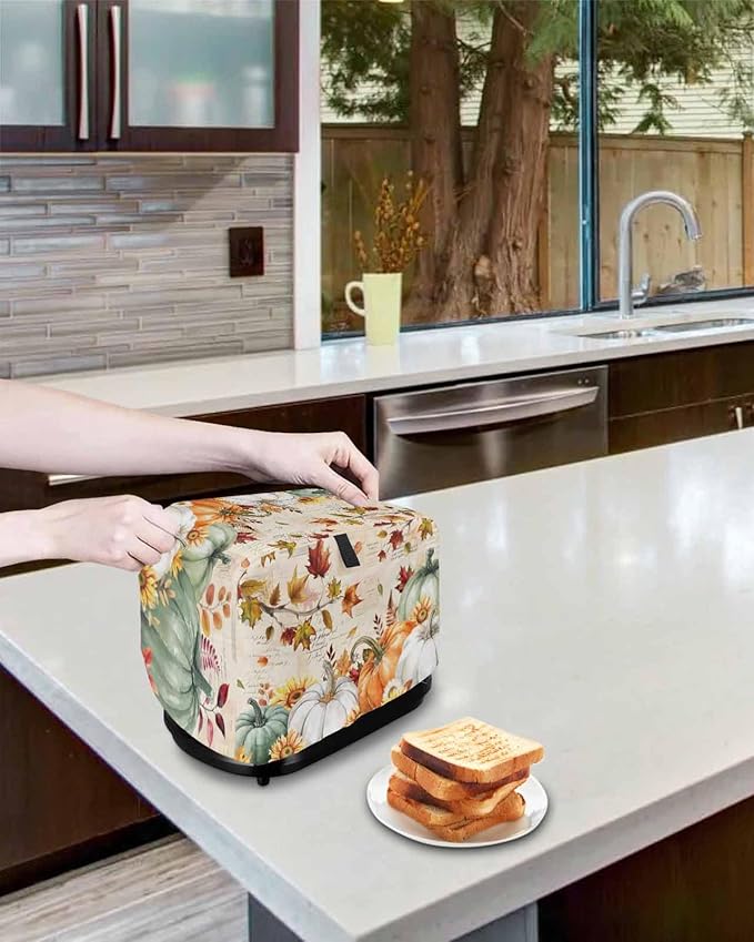 Green White Pumpkins Fall Toaster Cover 2 Slice, Thanksgiving Maple Leaf Dustproof Bakeware Oven Protector with Top Hook, Autumn Waterproof Small Kitchen Appliance Toasters Dust Cover, 12"x7.5"x8"
