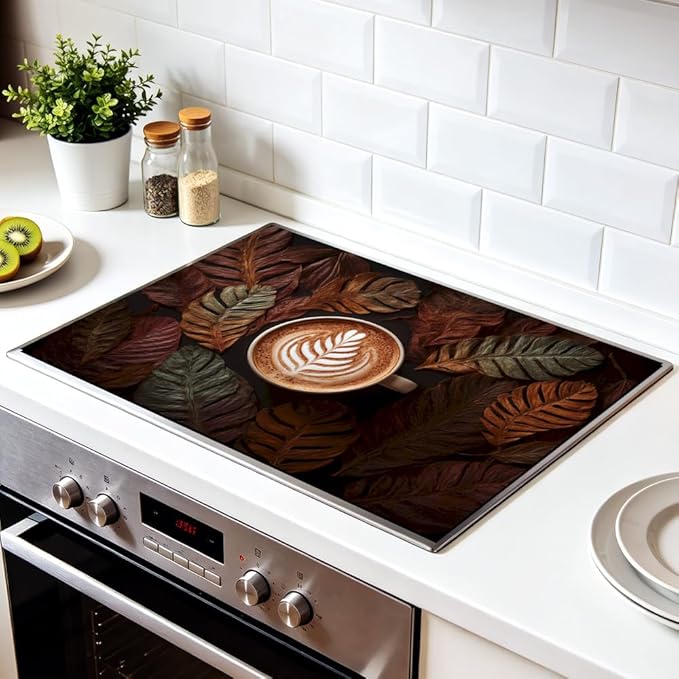 Stove Top Cover for Electric Stove 28.4 x 20.5 Inch Non Slip Stove Mat Oil Proof Coffee Leaves Glass Cooktop Protector Kitchen Counter Mat