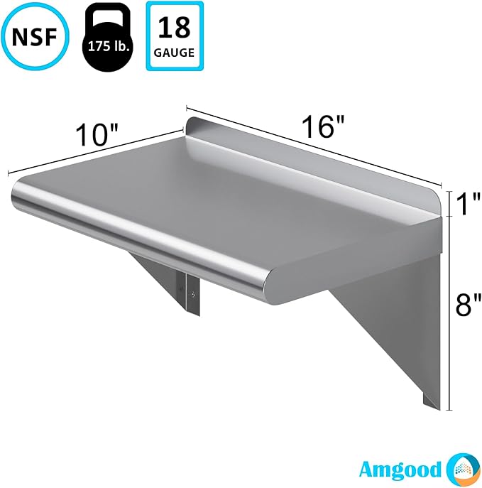 AmGood 10 in. x 16 in. Stainless Steel Wall Shelf | NSF Certified | Appliance & Equipment Metal Shelving | Kitchen, Restaurant, Garage, Laundry, Utility Room
