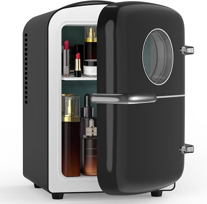 Electactic Mini Fridge for Skincare, 4L/6 Cans Small Cosmetic Fridge for Makeup & Drink, With Observation Window, Portable Desk Fridge Cooler and Warmer for Kids, Bedroom, Countertop, Black