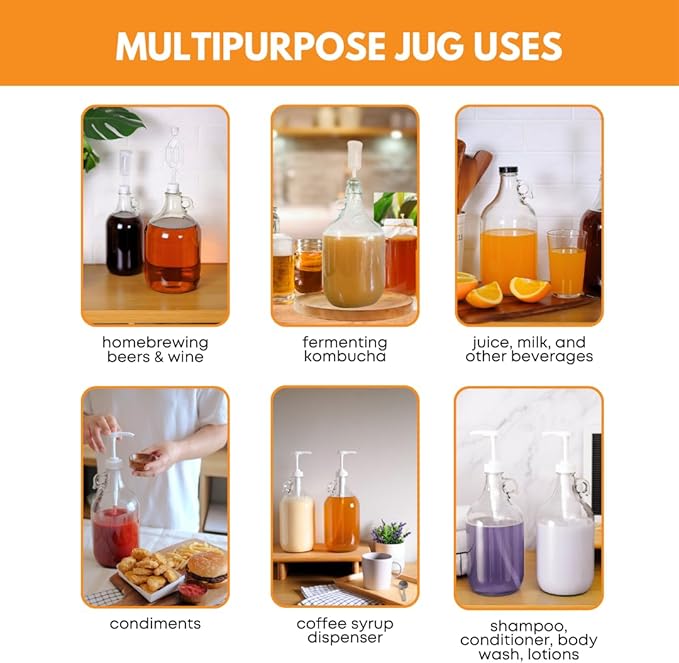 Fastrack 6-Pack Half-Gallon Glass Jug Set (64 oz) w/18 Polyseal Caps | Multipurpose Half Gallon Jug, & Detergent Dispenser for Laundry, Glass Jar for Liquids, Water & Juice
