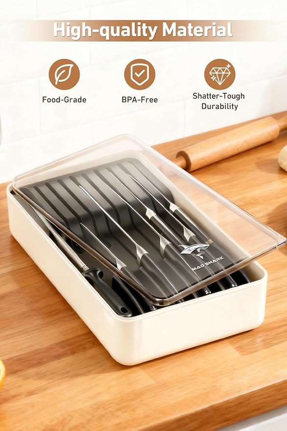 MAD SHARK 2-in-1 Detachable Knife Block & Silverware Organizer, Drawer Knife Holder for 10 Knives, BPA-Free, Blade-Safe Slots, Save Counter Space, Kitchen Drawer or Counter Storage, No Knives