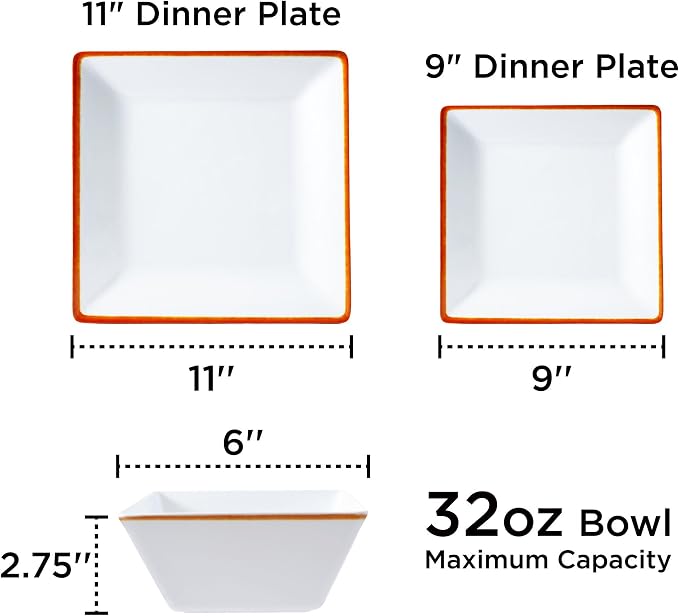 TP 12-Piece Melamine Dinnerware Sets, Plates and Bowls Dishes Set for 4, Break-Resistant & Non-Microwavable, Lightweight Square Dinner Plates, White with Rim