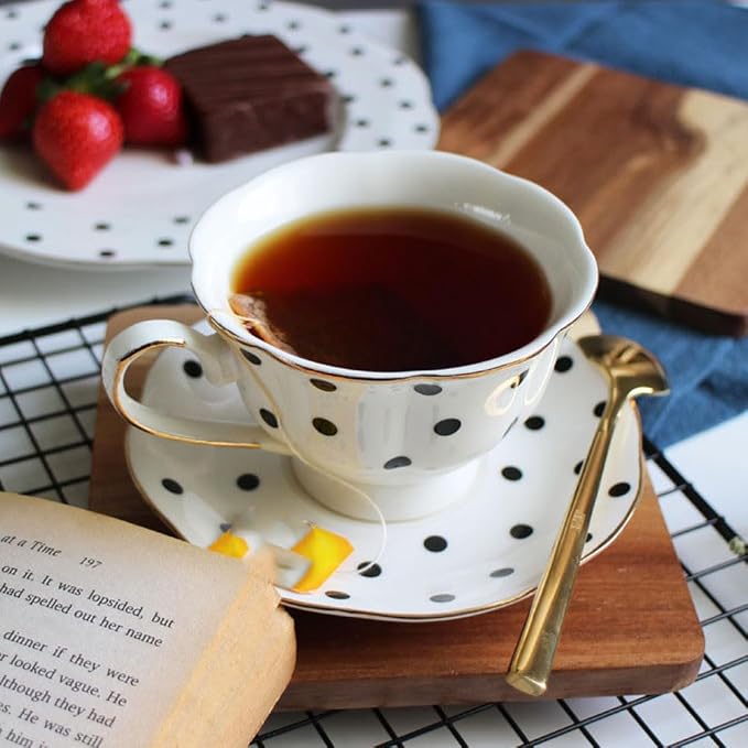 Didiseaon Polka Dot Cup and Saucer Set Ceramic Tea Mug with Saucer 5.51 Inch European Style Coffee Cup for Home and Office Afternoon Tea You Deserve to Have One
