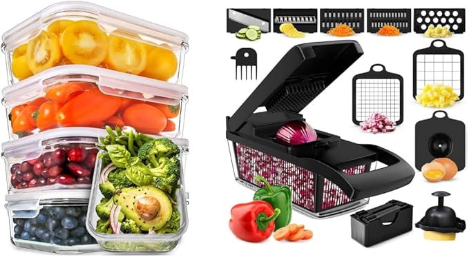 5 Pack 30 Oz Glass Meal Prep Containers + Vegetable Chopper