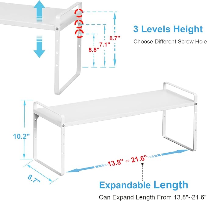Set of 2 Expandable Cabinet Shelf Organizer, Stackable Kitchen Countertop Shelves Spice Racks, Small Storage Shelf For Cupboard Counter Tabletop, 30 LBS Heavy Duty, Adjustable, 13.8" to 21.6" Long