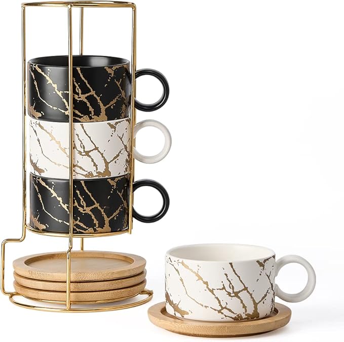 LUKA Porcelain Espresso Cup with Metal Stand, 6 Ounce Stackable Ceramic Demitasse Espresso Mugs Cappuccino Cups Set for Latte,Coffee,Cafe Mocha,Tea(Set of 4)