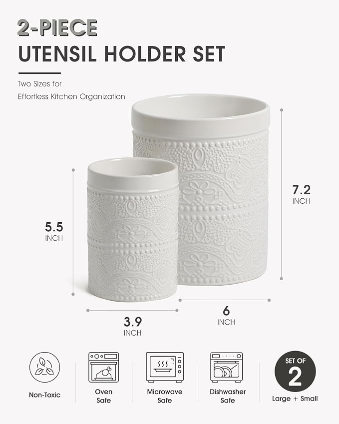 FUN ELEMENTS Kitchen Utensil Holder, 7.2+5.5" Super Large Utensil Crock Heavy and Stable Lace Emboss Ceramic Utensil Holder for Kitchen Counter(2Pcs Bright White)