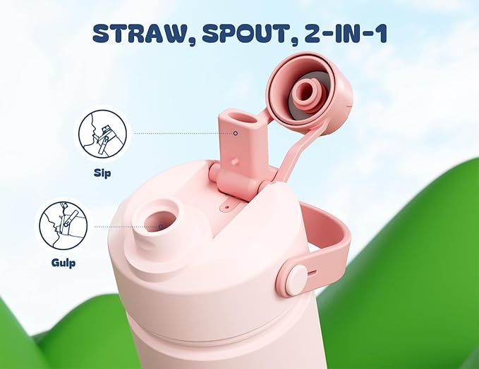 Kids Water Bottle for School: 2-in-1 Straw Spout Lid with Soft Animal Head, Leakproof, Backpack Friendly, Keep Cold 24H, Insulated cup for Sports, Playground, Holiday Gift, 18oz, (Cotton Candy)