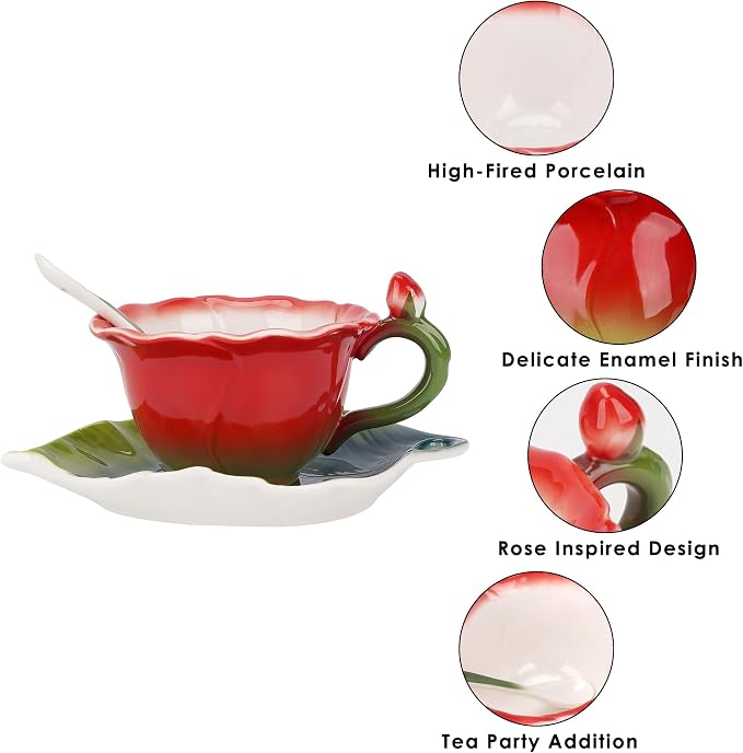 Red Rose Floral Teacup and Saucer Set for Women, 5.6oz Enamel Porcelain Rose Flower Shaped Tea Cup with Spoon