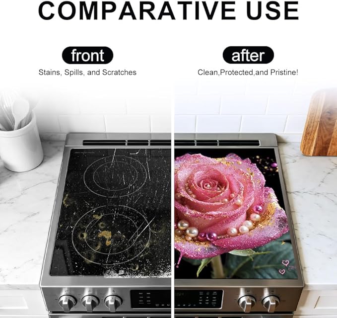 Stove Top Cover for Electric Stove 28.4 x 20.5 Inch Non Slip Stove Mat Oil Proof Valentine Rose Glass Cooktop Protector Kitchen Counter Mat