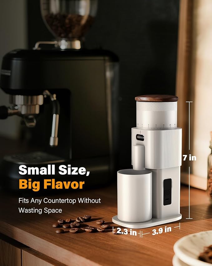 SHARDOR All-Metal Single-Dose Coffee Grinder – Quiet DC Motor, Home-use Espresso Grinder, Burr Coffee Grinder, with 80 Settings and an LED Power Display，White