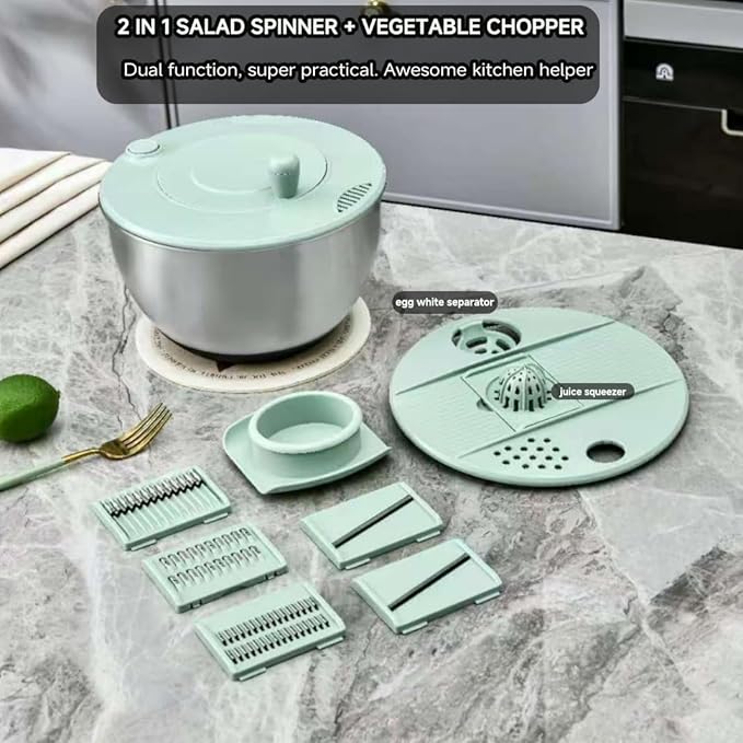 5 IN 1 Salad Spinner + Vegetable Chopper Peeler + Egg Yolk Separator, Large Lettuce Spinner Washer Dyer, with 5 Blades Slicer Cutter Veggie Chopper (304 Stainless Steel Bowl)