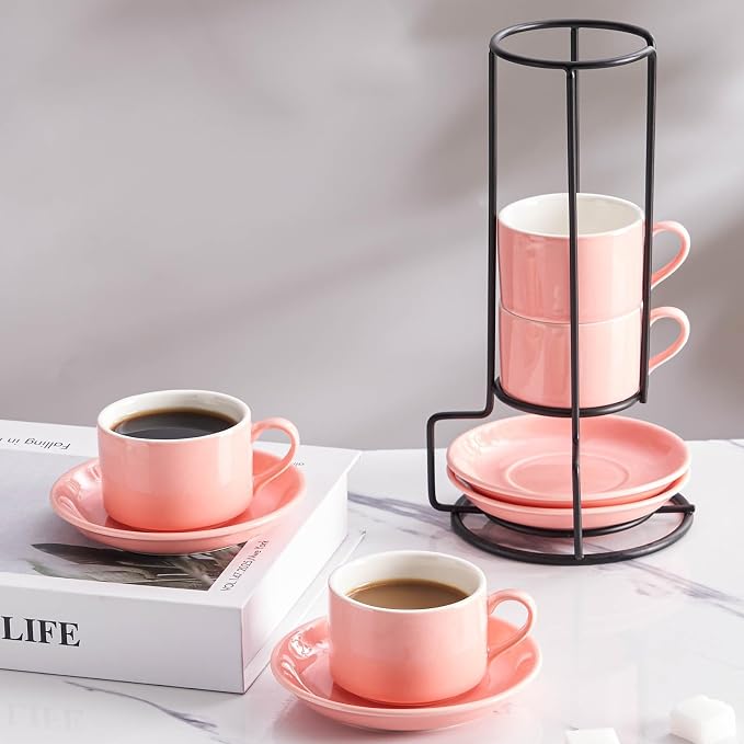 Cappuccino Cups Set of 4, 8oz Stackable Coffee Cups Set with Saucers and Metal Stand, Coffee Mugs and Saucers for Cappuccino, Latte, Americano and Tea - Pink