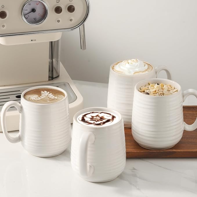 HASENSE Coffee Mugs Set of 4, 15 Ounce Porcelain Latte Mug Set with Handle for Morning Coffee Tea and Cocoa, Ceramic Coffee Cups with Unqiue Glaze for Men, Women, Plain