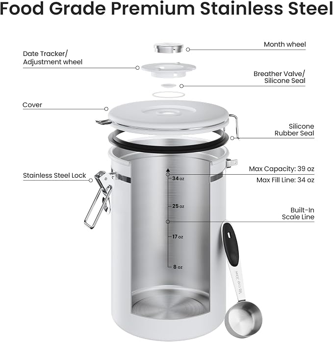 Veken Coffee Canister, 39OZ Large, Airtight Stainless Steel Food Storage Container for 2.2lbs Coffee Beans, Ground, Sugar, Tea, Flour, Cereal, Kitchen Bar Accessories with Date Tracker & Scoop, White