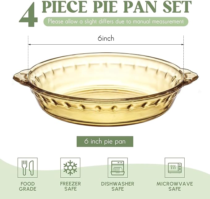 Uiifan 4 Packs 6 Inches Mini Glass Pie Pan for Baking 11.6 oz Amber Pie Plate with Handles Round Glass Dish for Baking and Serving, Snacks, Salads, Desserts