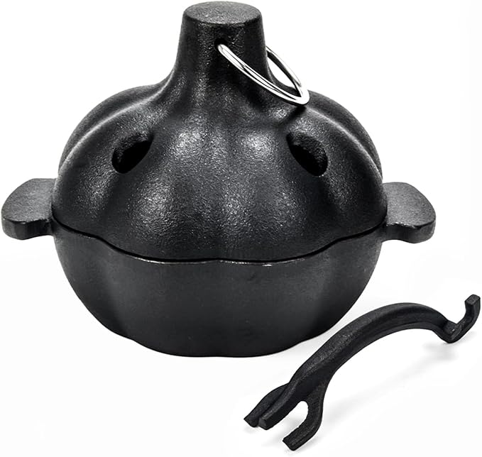 Cast Iron Garlic Roaster with Handle, Smoker Roaster, Garlic Cooker, Cast Iron Baker, Mini Roasting Pot, Potato Baker, Mini Cocotte, Used in the Kitchen Oven or Outdoors on a BBQ Grill Stove