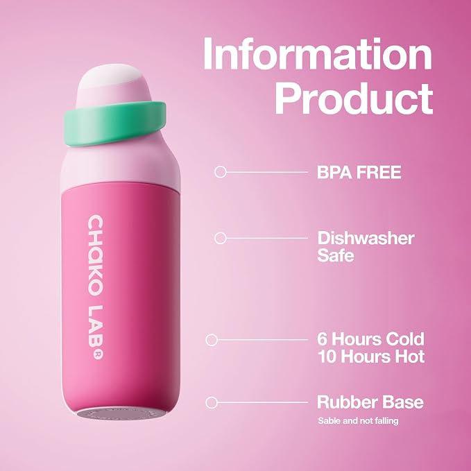 CHAKO LAB Insulated Stainless Steel Water Bottle, BPA-Free Sports Water Bottle,Spout and Straw,Leak Proof Locking Lid,Designed for Travel, School, and Sport,BPA Free,18 oz,Strawberry