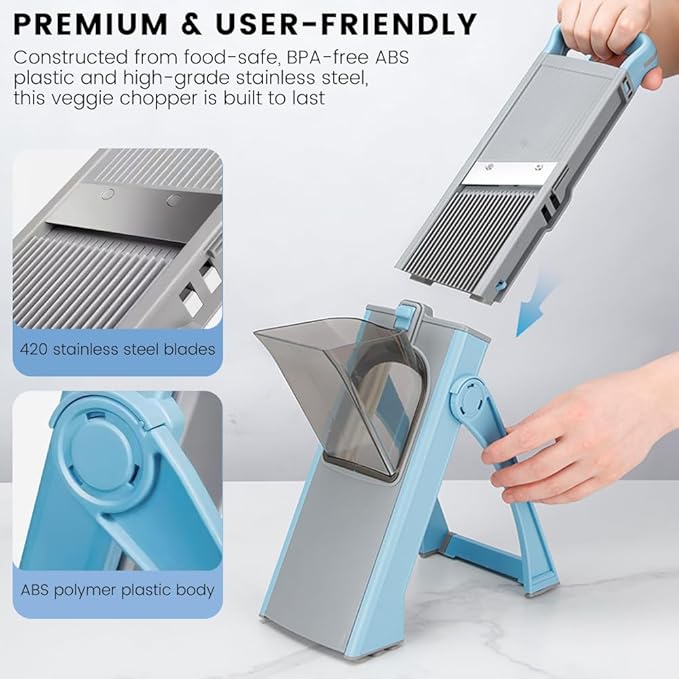 Professional Mandoline Slicer with Safe Guard, 6-in-1 Vegetable Chopper & Potato Slicer for Kitchen, Effortless Food Slicer for Salads, Fries, and Meal Prep (Blue)