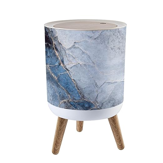 Trash Can with Lid Blue marble texture Italian marble slab golden veins Closeup surface Press Top Round Small Garbage Bin with Wooden Legs Waste Basket for Kitchen Bedroom Nursery 7L/1.8 Gallon
